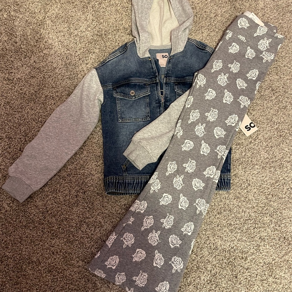 SO Denim Jacket and Gray Floral Pants Set